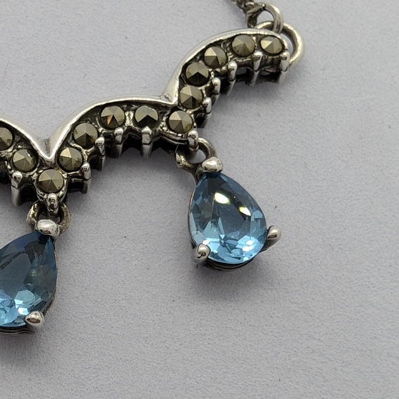 Silver Necklace with Blue Topaz Tear Drop Stones And Marcasite - Picture 10 of 12
